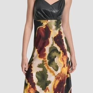 DKNY Black Faux-Leather Top Maxi Dress with Multicolor Abstract Print